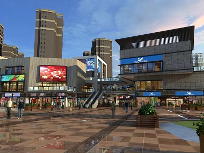 Modern Commercial Street Plaza with High Rise Buildings Large Screens Escalators Pedestrians and Green Plants 3d model