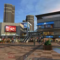 Modern Commercial Street Plaza with High Rise Buildings Large Screens Escalators Pedestrians and Green Plants
