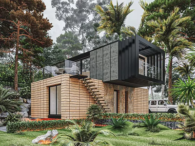 Modern Detached Villa with Wooden Structure Black Container and Glass Walls Surrounded by Greenery 3d model