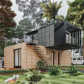 Modern Detached Villa with Wooden Structure Black Container and Glass Walls Surrounded by Greenery