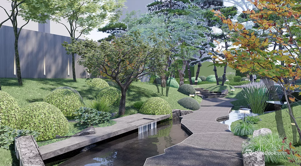 Serene Garden Landscape Design With Winding Pathway Flowing Stream And Lush Greenery 3d model 