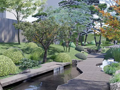 Serene Garden Landscape Design With Winding Pathway Flowing Stream And Lush Greenery 3d model