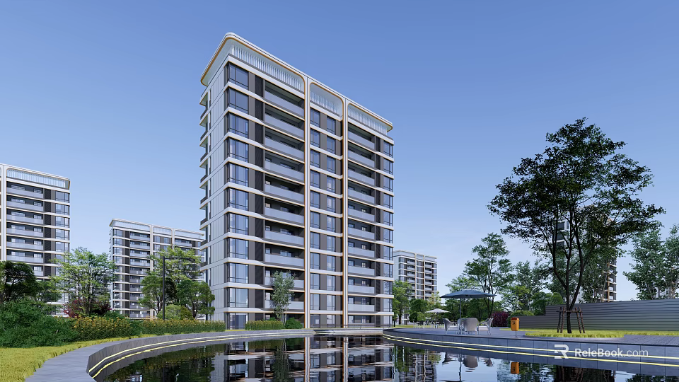 Modern High Rise Residential Building With Greenery And Front Reflecting Pool 3d model 
