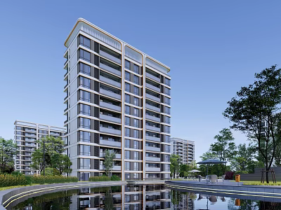 Modern High Rise Residential Building With Greenery And Front Reflecting Pool 3d model