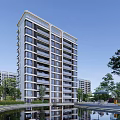 Modern High Rise Residential Building With Greenery And Front Reflecting Pool