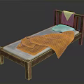 Simple Wooden Bed With White Mattress Orange Blanket And Blue Towel