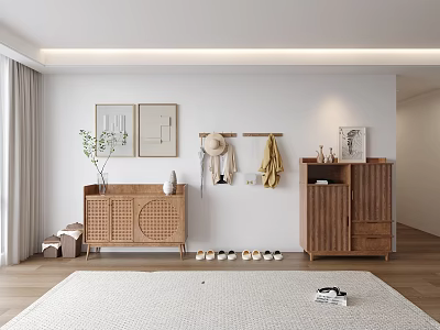 Minimalist Wooden Shoe Cabinet With Shoes Hooks And Decorative Wall Art In Entryway 3d model