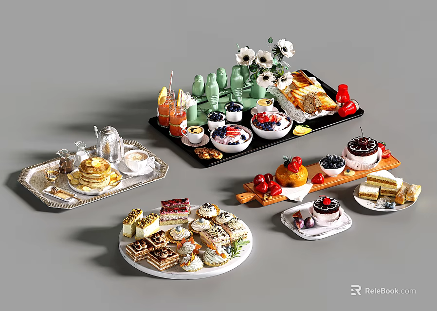 Assorted Delicious Desserts Cakes Fruits and Pastries on Decorative Platters 3d model 
