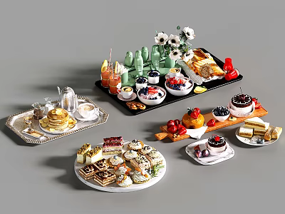 Assorted Delicious Desserts Cakes Fruits and Pastries on Decorative Platters 3d model