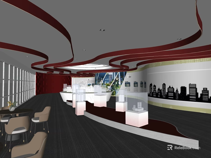 Modern Exhibition Hall Interior With Red Curved Ceiling Decor White Displays And City Silhouette Models 3d model 