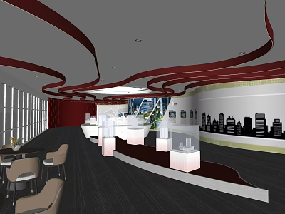 Modern Exhibition Hall Interior With Red Curved Ceiling Decor White Displays And City Silhouette Models 3d model