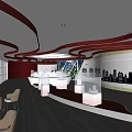 Modern Exhibition Hall Interior With Red Curved Ceiling Decor White Displays And City Silhouette Models