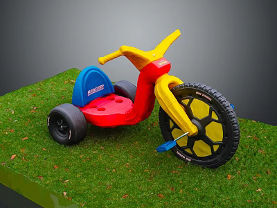 Kids Tricycle with Yellow Handlebars Red Body Blue Seat Black Wheels on Green Grass 3d model