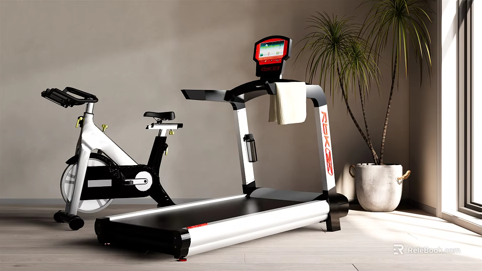 Modern Indoor Sports Equipment Featuring Treadmill Exercise Bike and Potted Plant Setup 3d model 