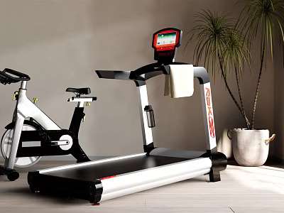 Modern Indoor Sports Equipment Featuring Treadmill Exercise Bike and Potted Plant Setup 3d model