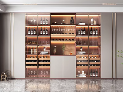 Modern Wine Cabinet Interior Design With Glass Doors Shelves Wine Bottles And Lighting 3d model