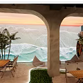 Sunset Beach Themed Restaurant With Arched Design Palm Trees Wooden Tables And Outdoor Seating