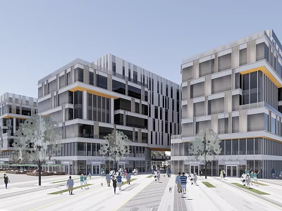 Modern Commercial Street With Multi Storey Glass Facade Buildings And Pedestrians On Walking Path 3d model