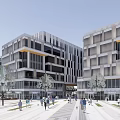 Modern Commercial Street With Multi Storey Glass Facade Buildings And Pedestrians On Walking Path