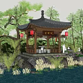 Traditional Chinese Garden Landscape With Wooden Pavilion Pond Rocks Trees And Red Lanterns