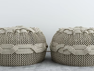 Two Beige Knitted Ottoman Poufs With Woven Pattern Top For Minimalist Living Room Decor 3d model