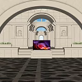 TV With Colorful Screen Amid White Marble Architecture Arched Doorway Stone Lion Statues And Steps