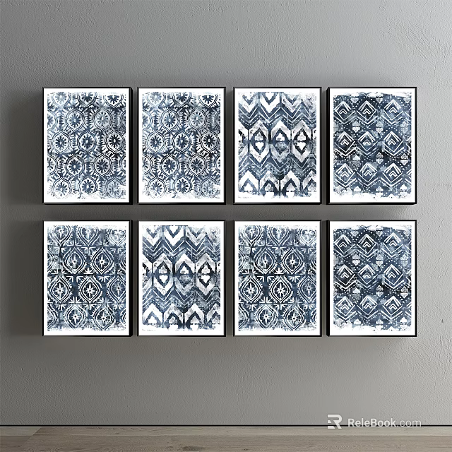 Blue And White Patterned Wall Art Prints With Geometric Designs Arranged On Wall 3d model