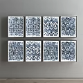 Blue And White Patterned Wall Art Prints With Geometric Designs Arranged On Wall 3d model