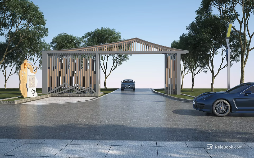 Modern Wooden Entrance Gate With Geometric Design Trees And Cars On Driveway 3d model 