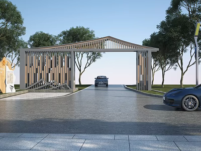 Modern Wooden Entrance Gate With Geometric Design Trees And Cars On Driveway 3d model