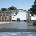 Modern Wooden Entrance Gate With Geometric Design Trees And Cars On Driveway