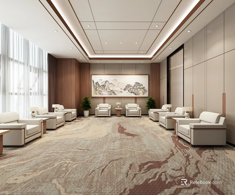 Modern Hotel Public Lounge Interior With Comfortable Sofas Carpet And Decorative Painting 3d model