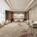 Modern Hotel Public Lounge Interior With Comfortable Sofas Carpet And Decorative Painting 3d model