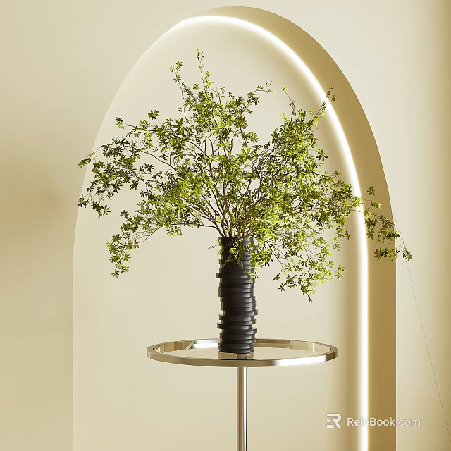Aquatic Plants Display In Black Vase On Round Metal Table With Arched Background And Lighting 3d model 