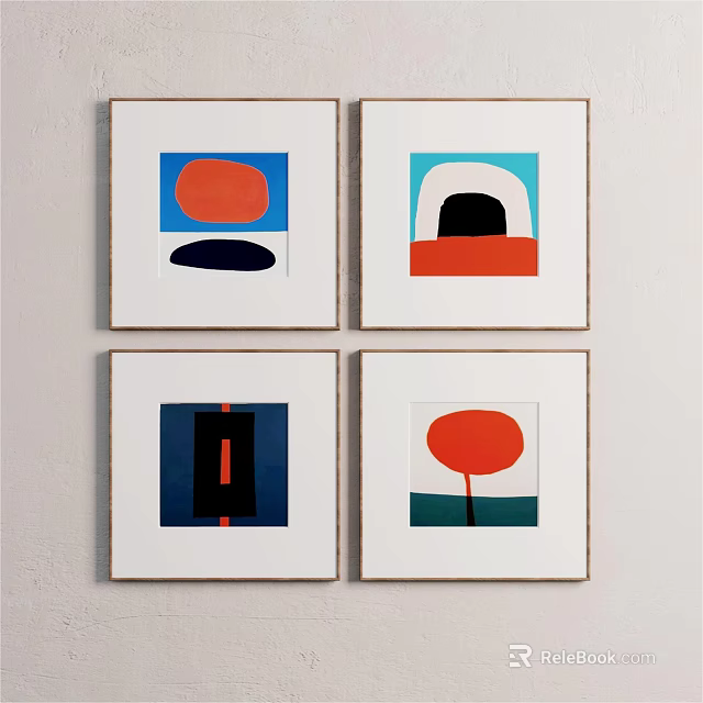 Four Square Framed Abstract Paintings With Red Blue Black Geometric Shapes 3d model
