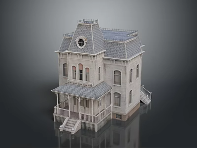 Victorian Style House Exterior Design With Gray Roof White Walls Porch Steps And Attic Window 3d model