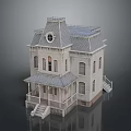 Victorian Style House Exterior Design With Gray Roof White Walls Porch Steps And Attic Window