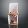 Detailed Miniature Architectural Model Featuring Wooden Staircase With Platform Pink Chair And Climbing Figure