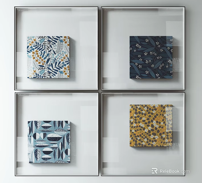 Four Square Framed Wall Art With Floral Geometric And Leopard Patterns 3d model