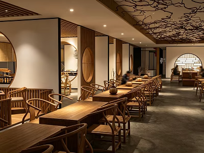 Chinese Style Restaurant Interior With Wooden Tables Chairs Round Windows And Branch Ceiling Decor 3d model