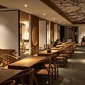 Chinese Style Restaurant Interior With Wooden Tables Chairs Round Windows And Branch Ceiling Decor