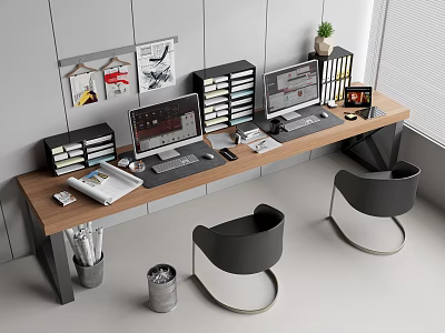 Office Desk With Dual Monitors Two Black Chairs Stacks Of Folders And Small Potted Plant 3d model