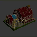 Industrial Mechanical Device With Red Body Blue Component Yellow Top Green Base And Warning Strips