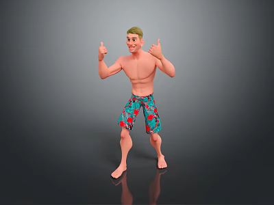 A Shirtless Man In Red Flower Pattern Shorts Giving Thumbs Up On Grey Reflective Floor 3d model