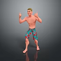 A Shirtless Man In Red Flower Pattern Shorts Giving Thumbs Up On Grey Reflective Floor