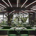 Stylish Restaurant Interior With Green Chairs Lush Plants And Modern Lighting