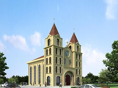 Christian Religious Church Building With Twin Towers Crosses Yellow Exterior Trees Cars And Blue Sky 3d model