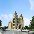 Christian Religious Church Building With Twin Towers Crosses Yellow Exterior Trees Cars And Blue Sky