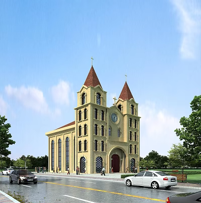 Christian Religious Church Building With Twin Towers Crosses Yellow Exterior Trees Cars And Blue Sky 3d model