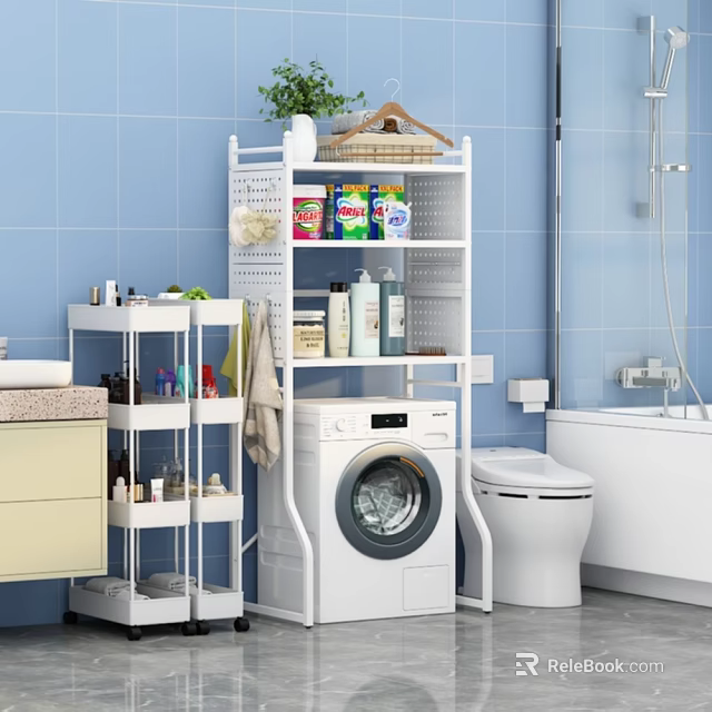 White Bathroom Storage Shelf With Cleaning Supplies And Washing Machine Setup 3d model 